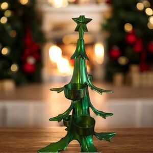Vtg. Rare Pottery Barn 12” Green Heavy Metal Christmas Ball Candle Holder Tree